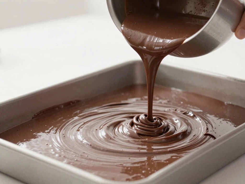 Warm chocolate batter flowing into a parchment-lined sheet pan.
