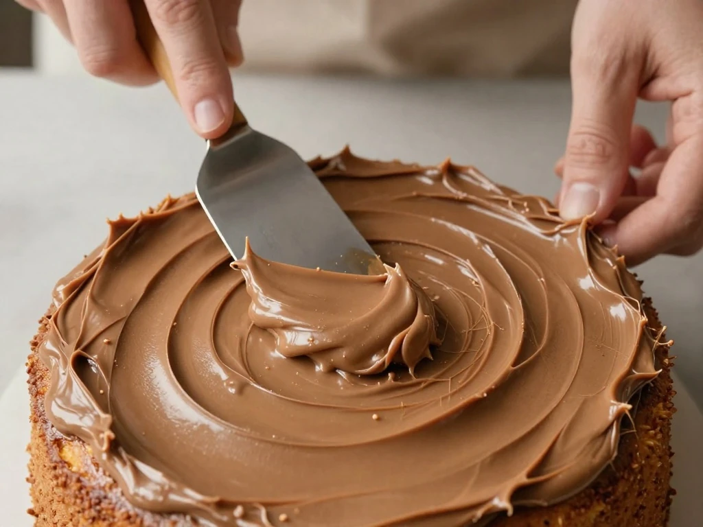 Shiny chocolate frosting being spread over a sheet cake.