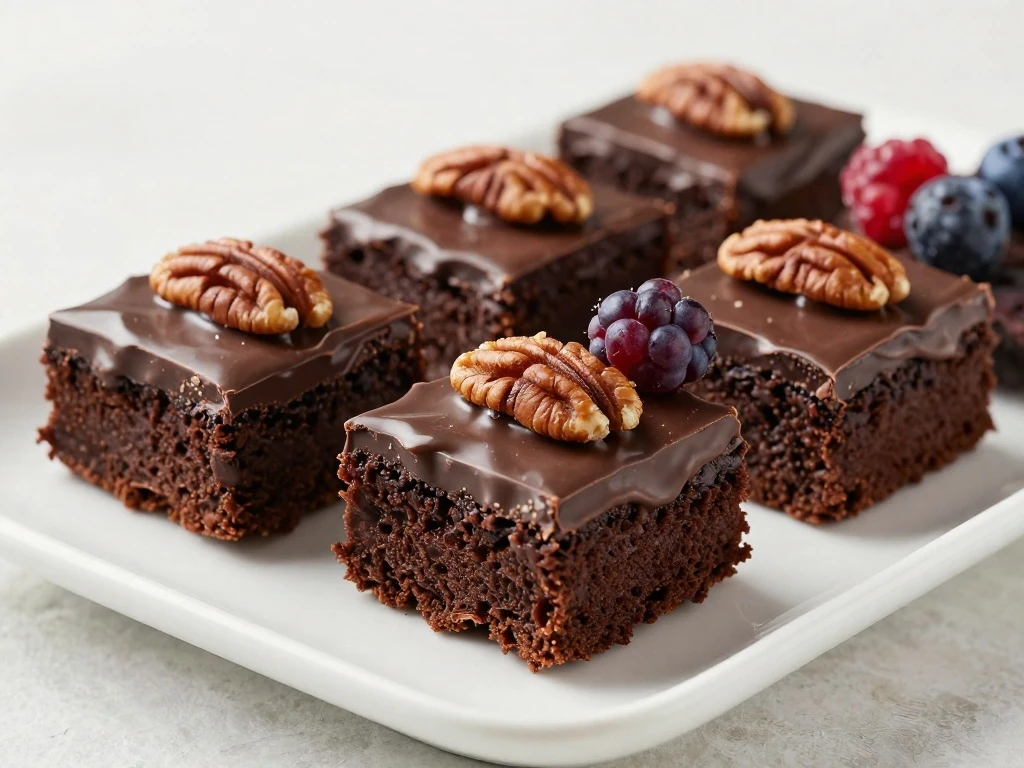 Plated chocolate sheet cake squares with glossy icing and garnishes.