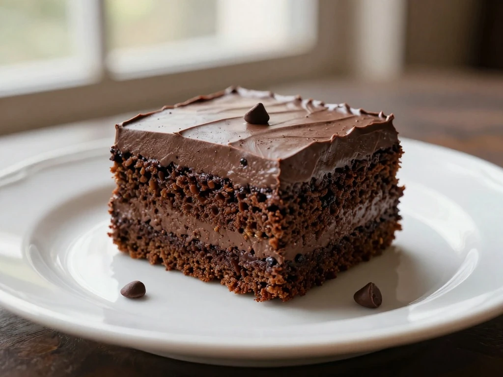 Moist chocolate zucchini cake square with chocolate frosting