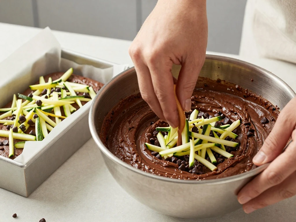 Mixing zucchini and chocolate cake batter