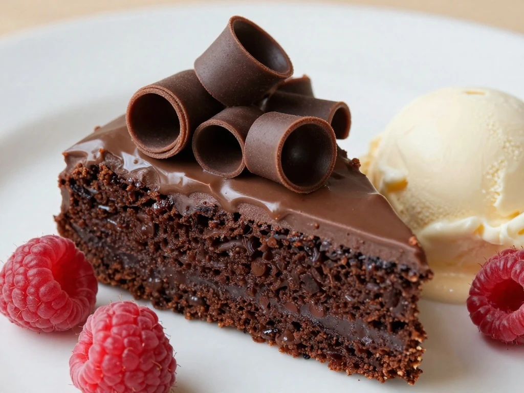 Chocolate zucchini cake served with ice cream and raspberries