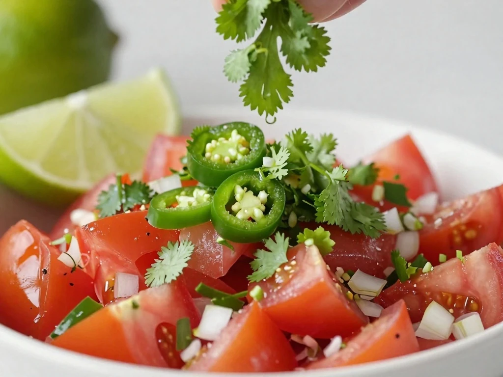 Fresh cilantro and jalapeño in homemade salsa