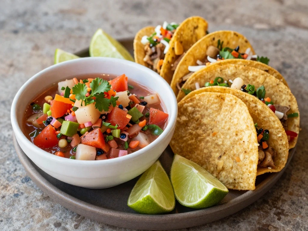 Mexican salsa appetizer spread with chips and tacos