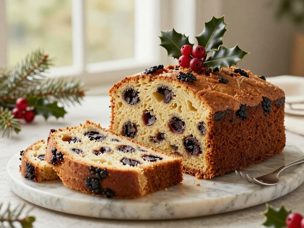 Traditional British Christmas cake with fruit-filled slices