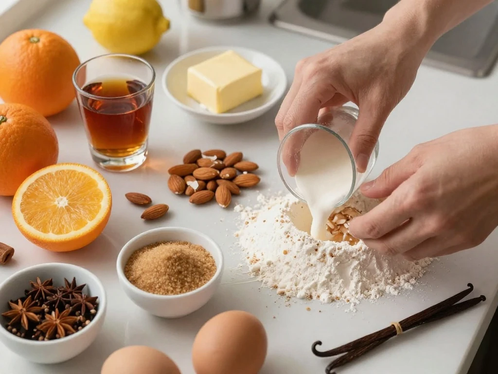 Ingredients for a classic Christmas cake arranged for baking