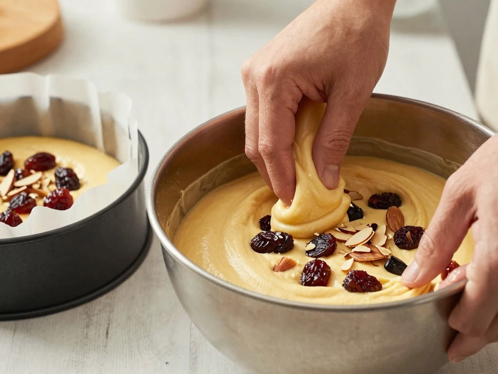 Folding soaked dried fruit into Christmas cake batter