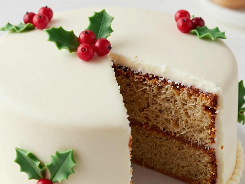 Fondant-covered Christmas cake decorated with holly and berries