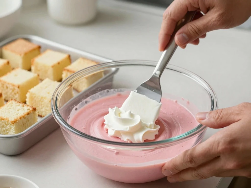 Folding whipped topping into the strawberry Cloud Cake mixture