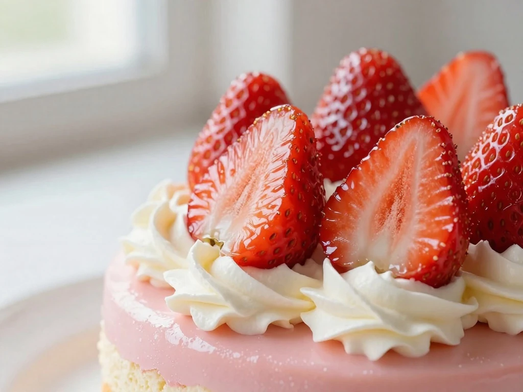 Fresh strawberry and whipped topping garnish on Cloud Cake