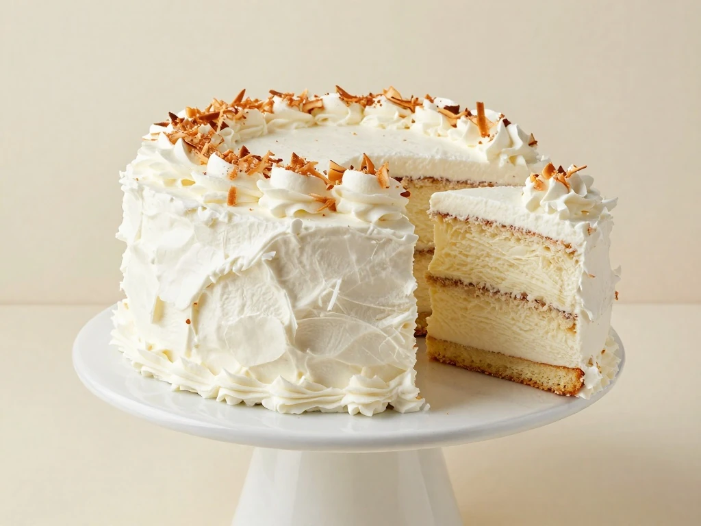 Tall coconut cloud cake with whipped cream frosting and toasted coconut