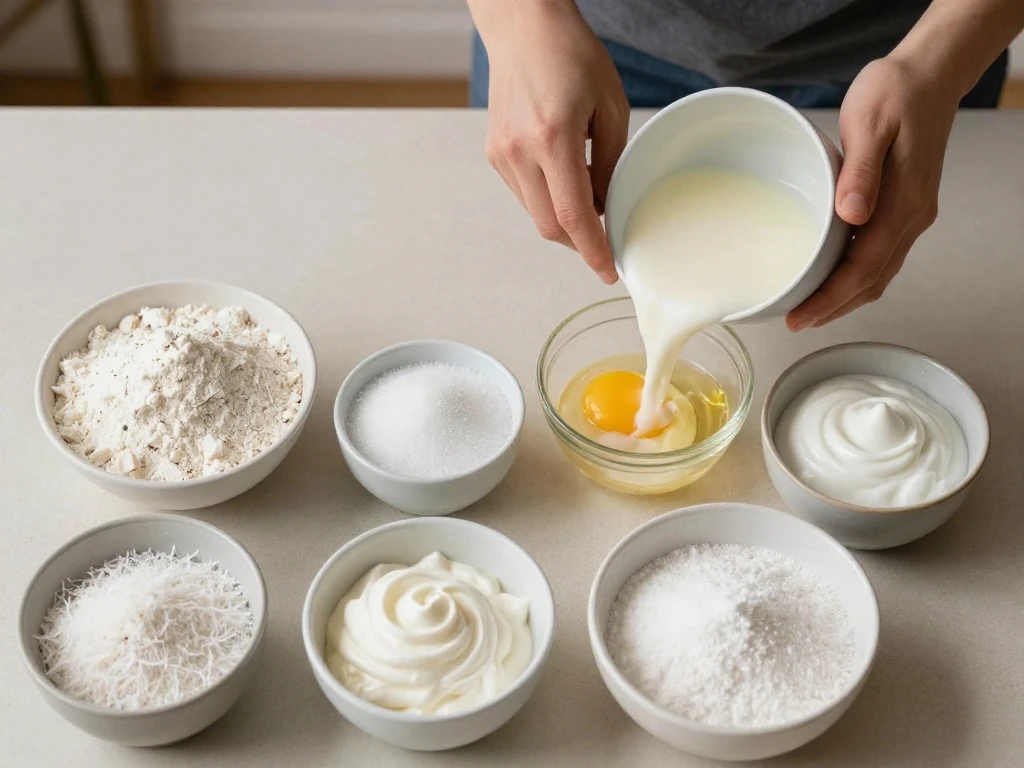 Ingredients for easy coconut cloud cake arranged on a counter