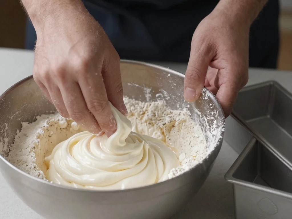 Folding flour into whipped egg whites for coconut cloud cake