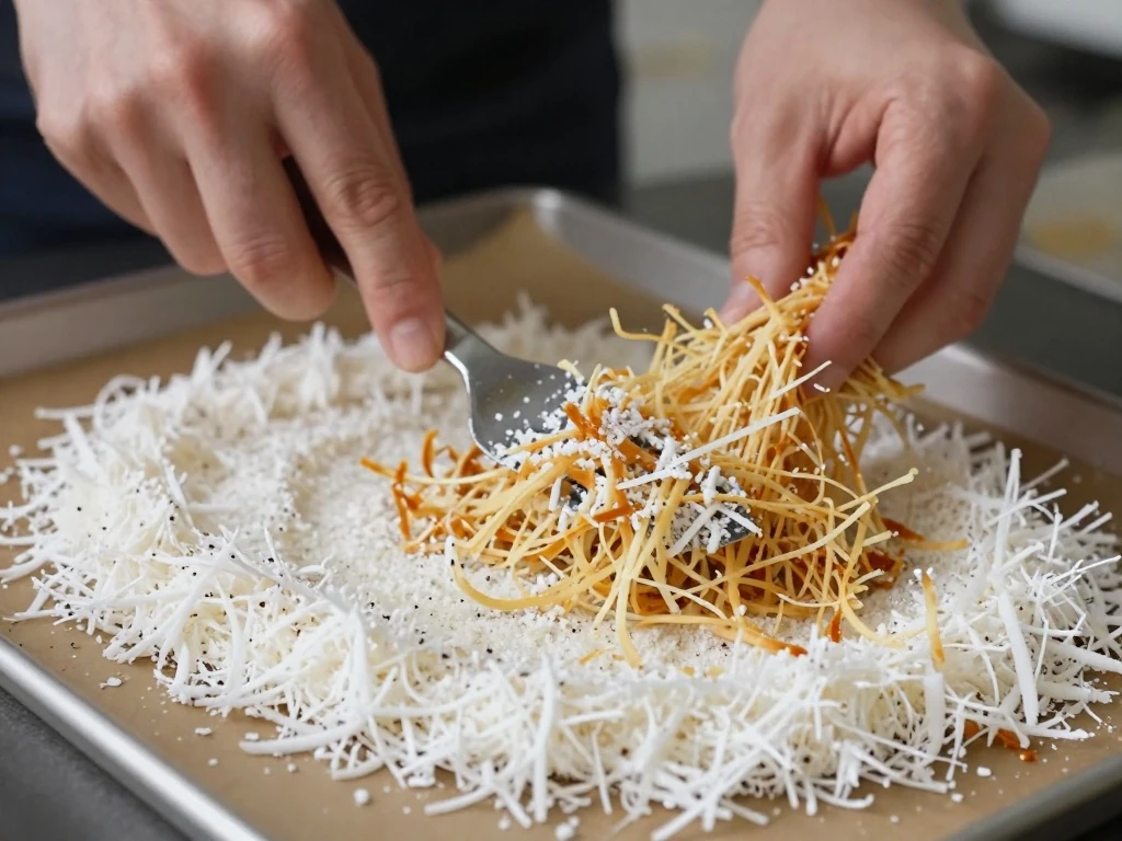 Lightly golden toasted coconut on a baking sheet