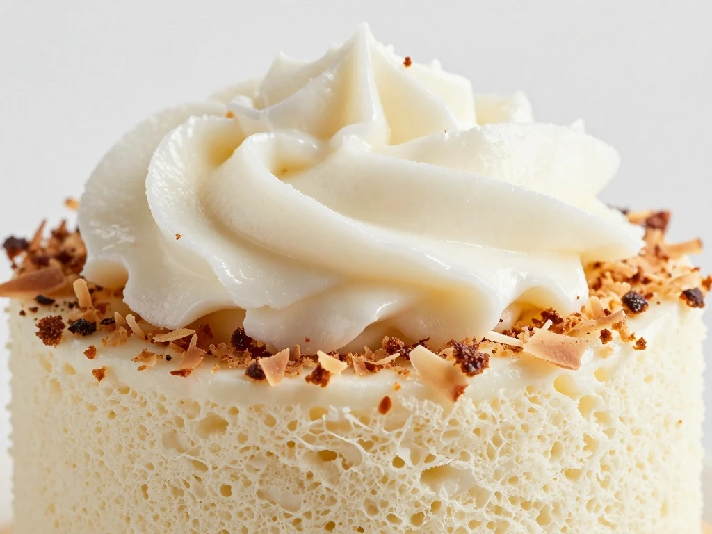 Airy coconut cake crumb with coconut whipped topping