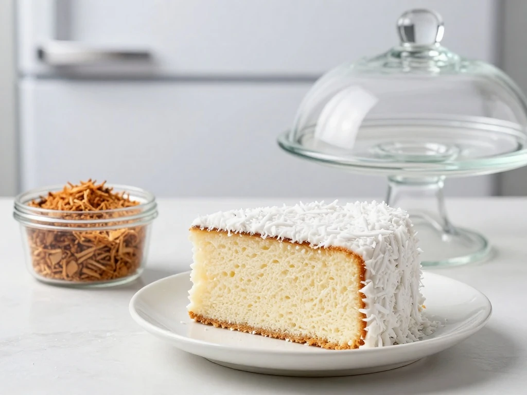 Stored slice of coconut cloud cake with toasted coconut