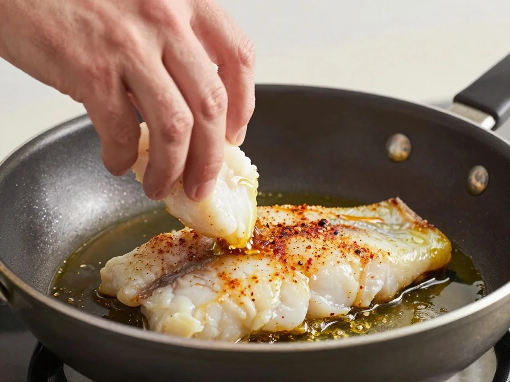 Seasoned halibut cooking in a skillet for tacos