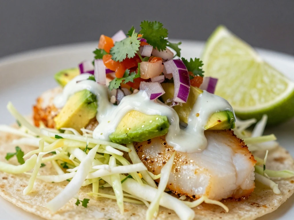 Fresh toppings and lime sauce on a halibut taco