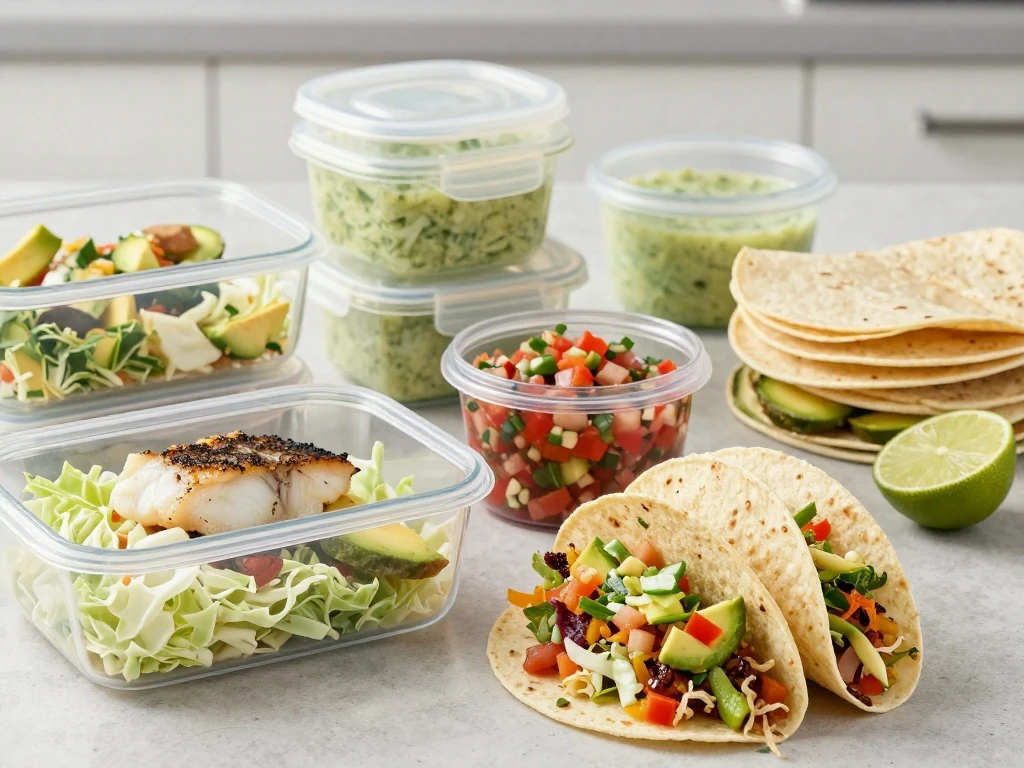 Halibut taco components stored separately for leftovers