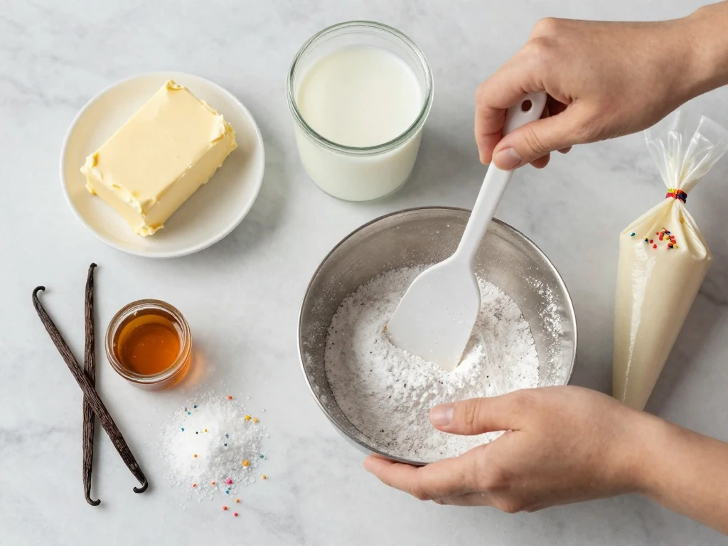 Ingredients and tools for easy cookie cake icing
