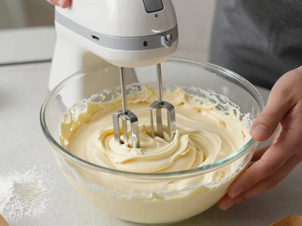Creamy vanilla buttercream being mixed for cookie cake icing