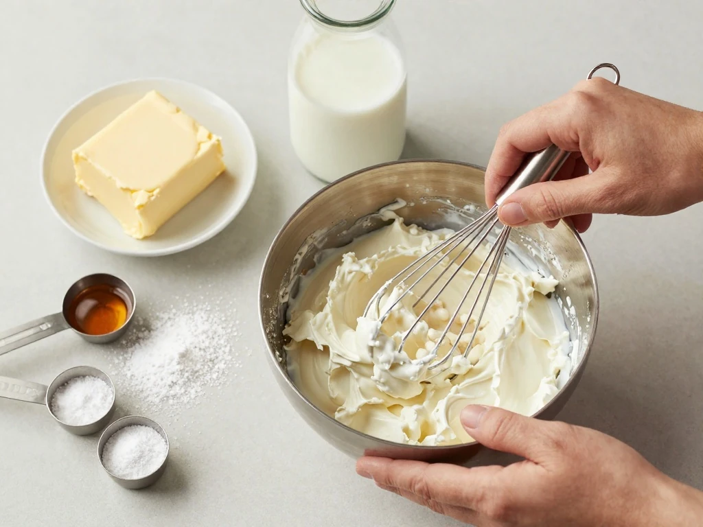 Ingredients for creamy cake pop icing arranged on a countertop