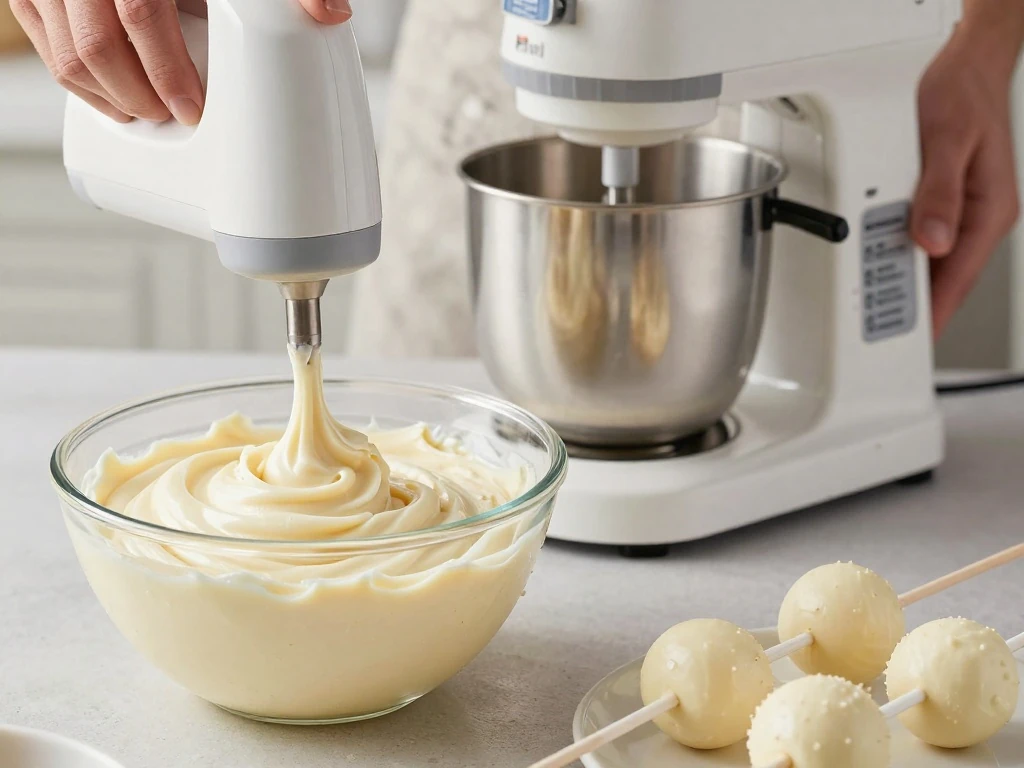 Smooth cream cheese icing being prepared for cake pops