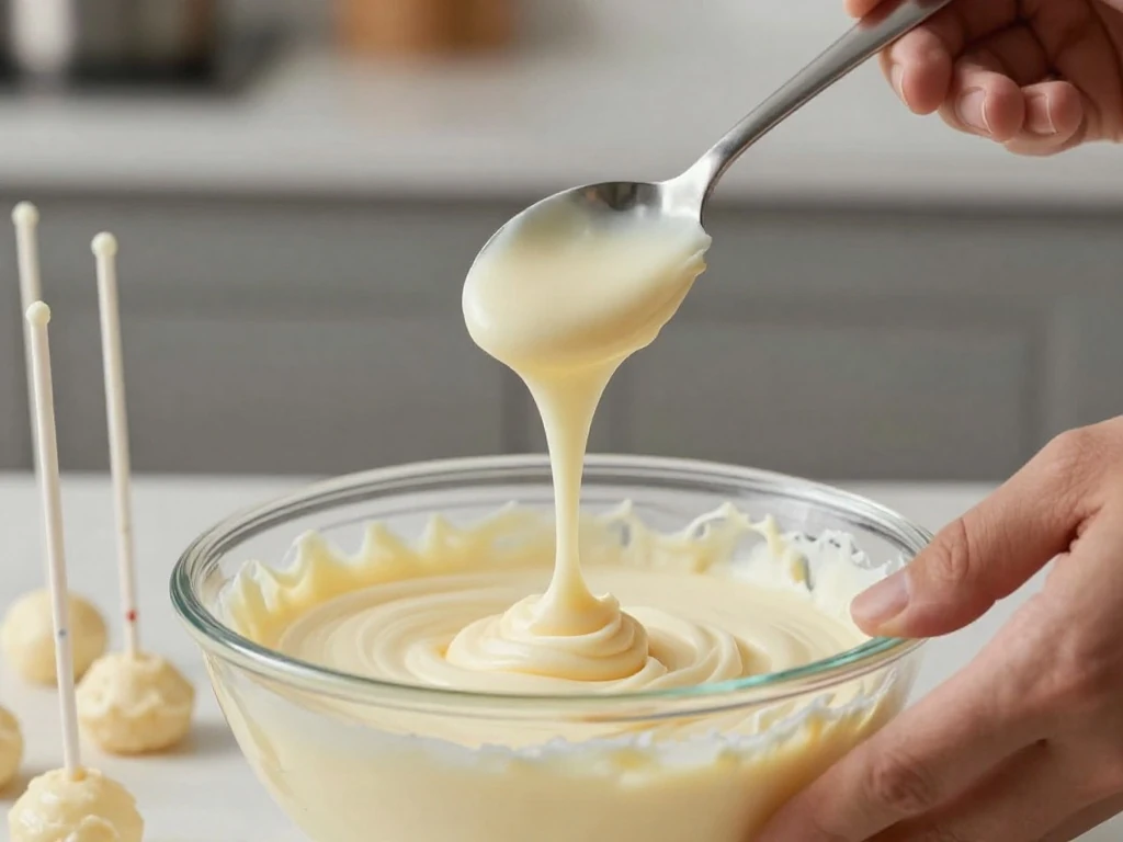 Spoon test showing the proper consistency for cake pop icing