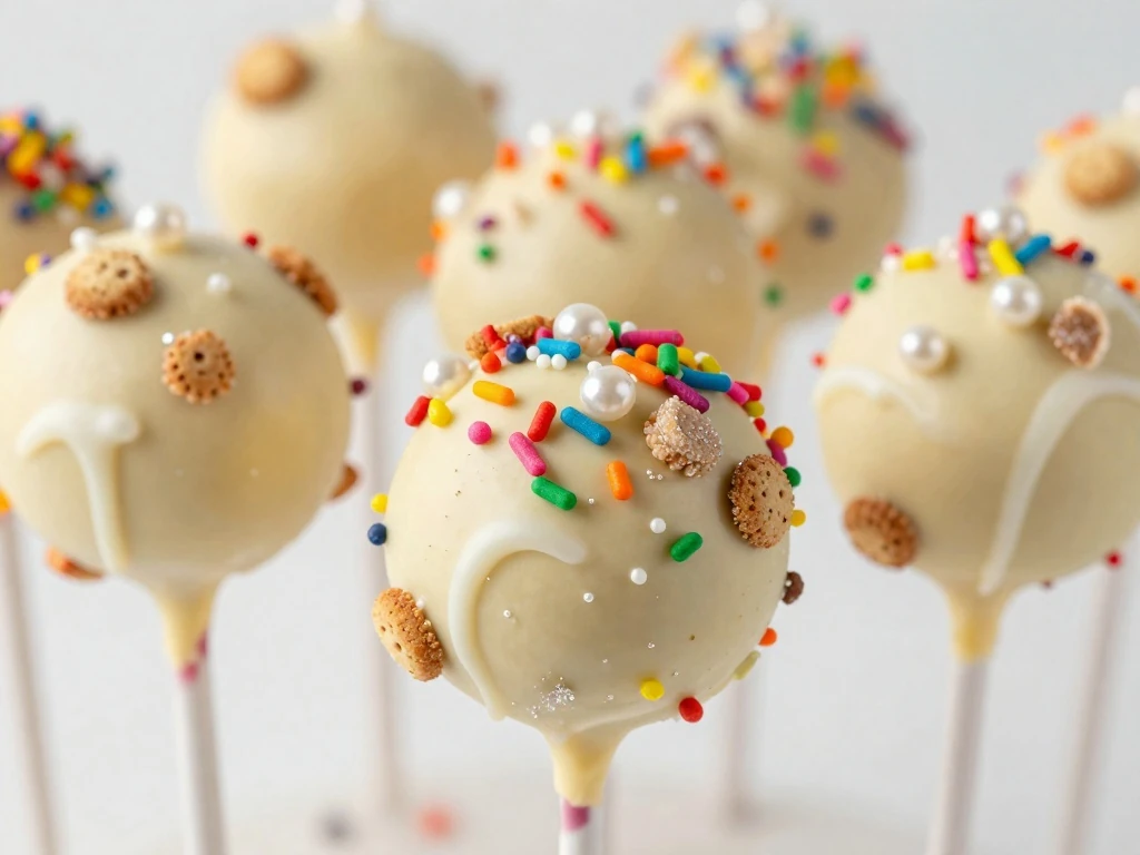 Decorated cake pops with sprinkles, sugar pearls, and drizzle
