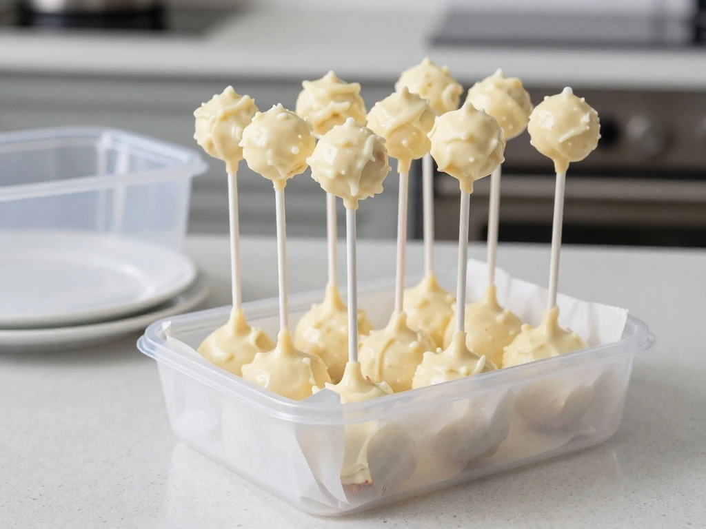 Creamy iced cake pops stored in an airtight container