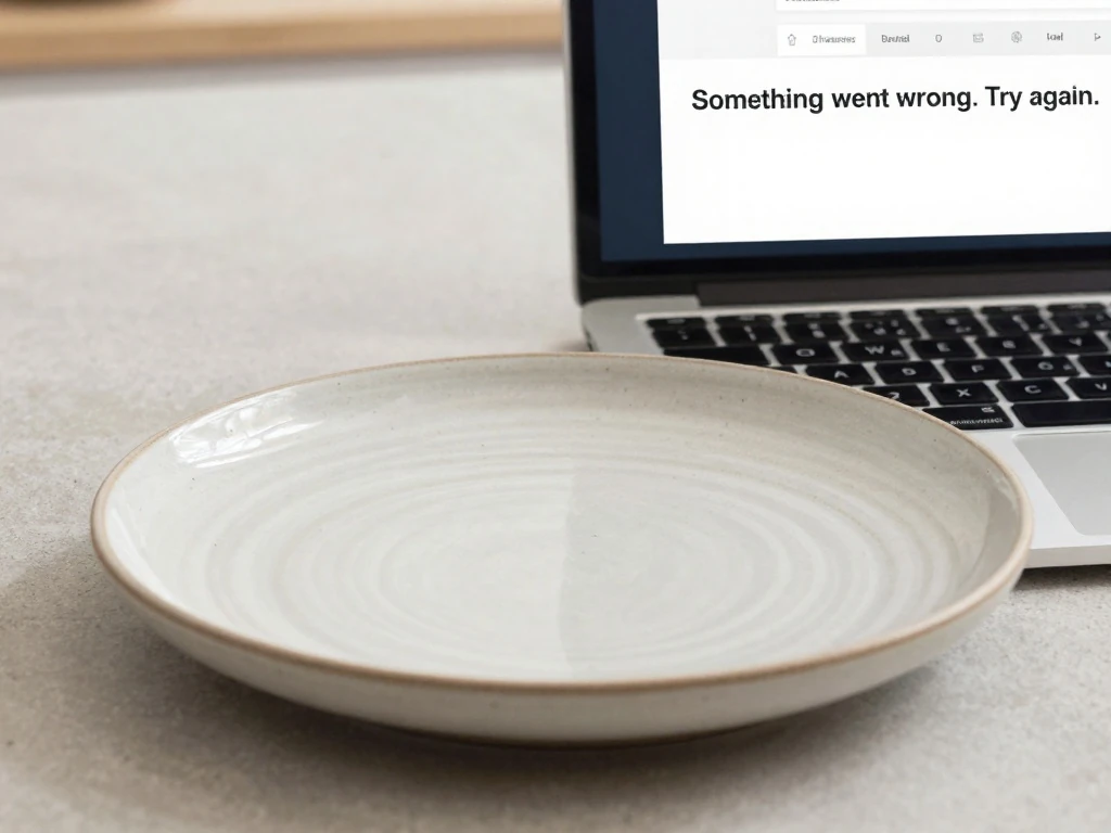Blank plate beside a screen showing a recipe error message