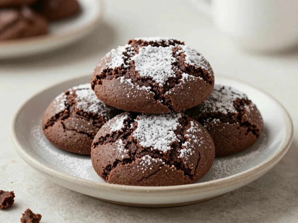 Stack of fudgy chocolate cake mix crinkle cookies with powdered sugar cracks