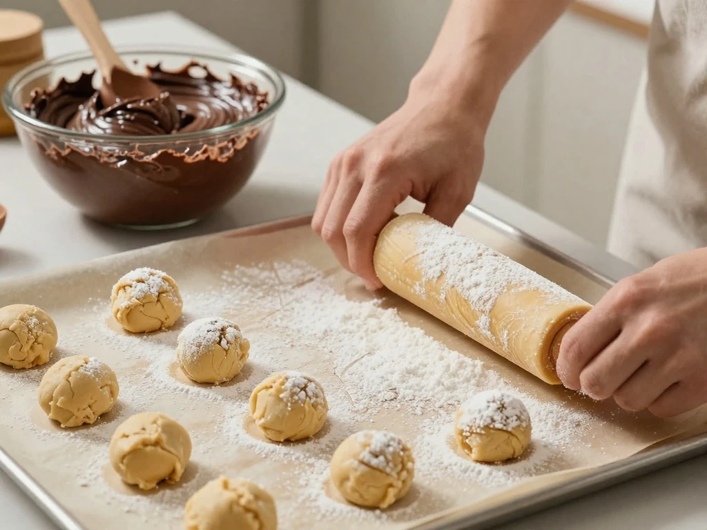 Chocolate cookie dough balls being coated in powdered sugar