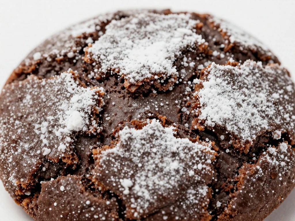 Close-up of the crackled powdered sugar surface on a chocolate cookie