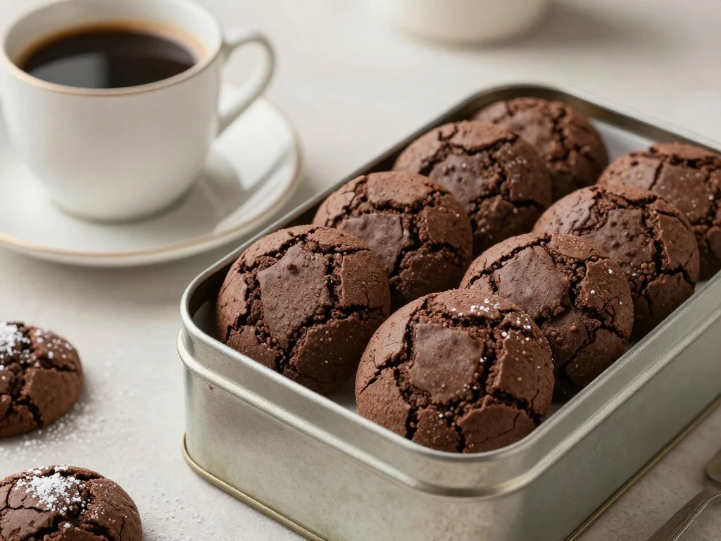 Chocolate crinkle cookies stored in a cookie tin with coffee