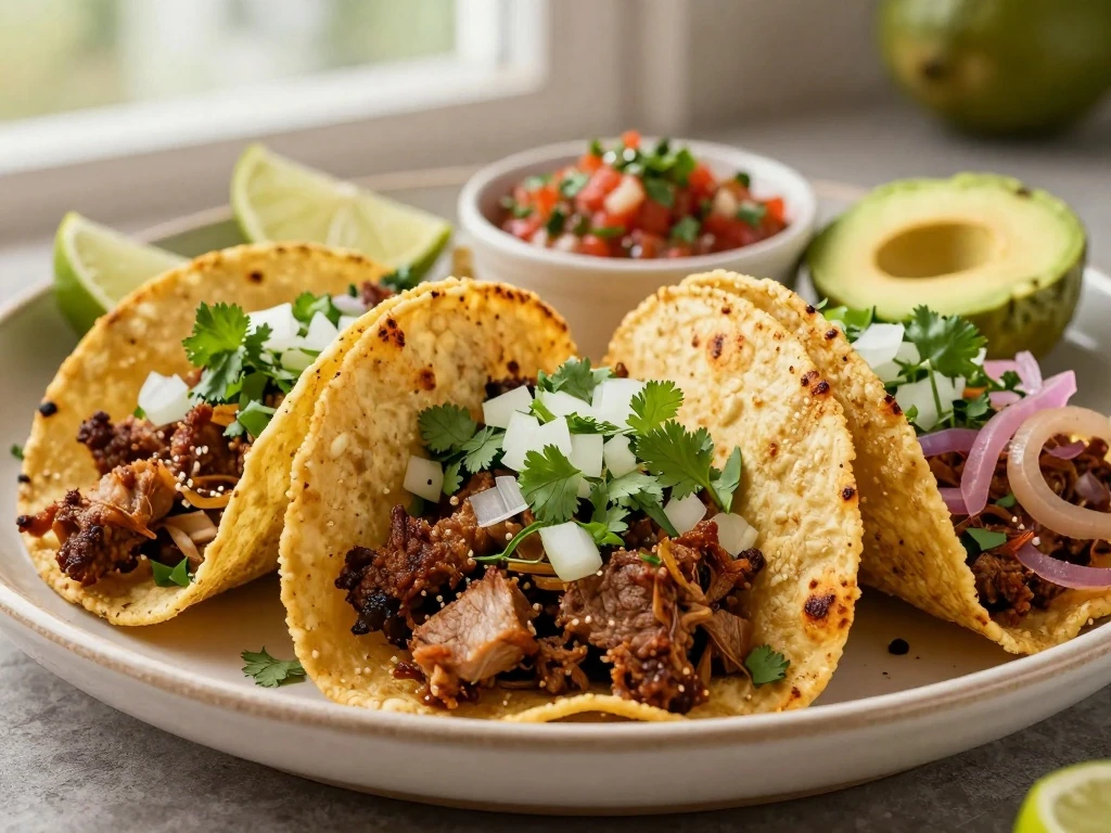 Crispy slow cooker carnitas tacos served with lime, cilantro, onion, salsa, and avocado