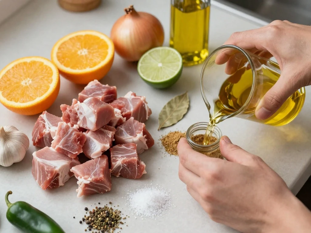 Ingredients for slow cooker carnitas with pork shoulder, citrus, garlic, onion, and spices