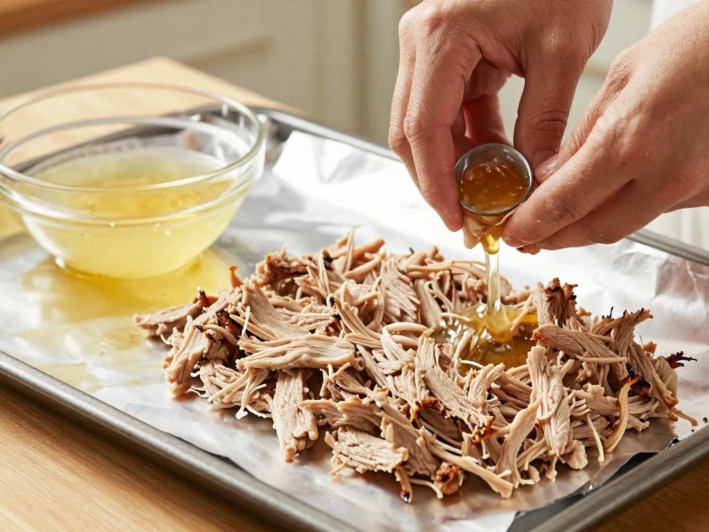 Shredded slow cooker pork spread on a baking sheet with reserved cooking juices