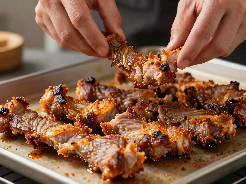 Carnitas browning under the broiler until the pork edges are crisp