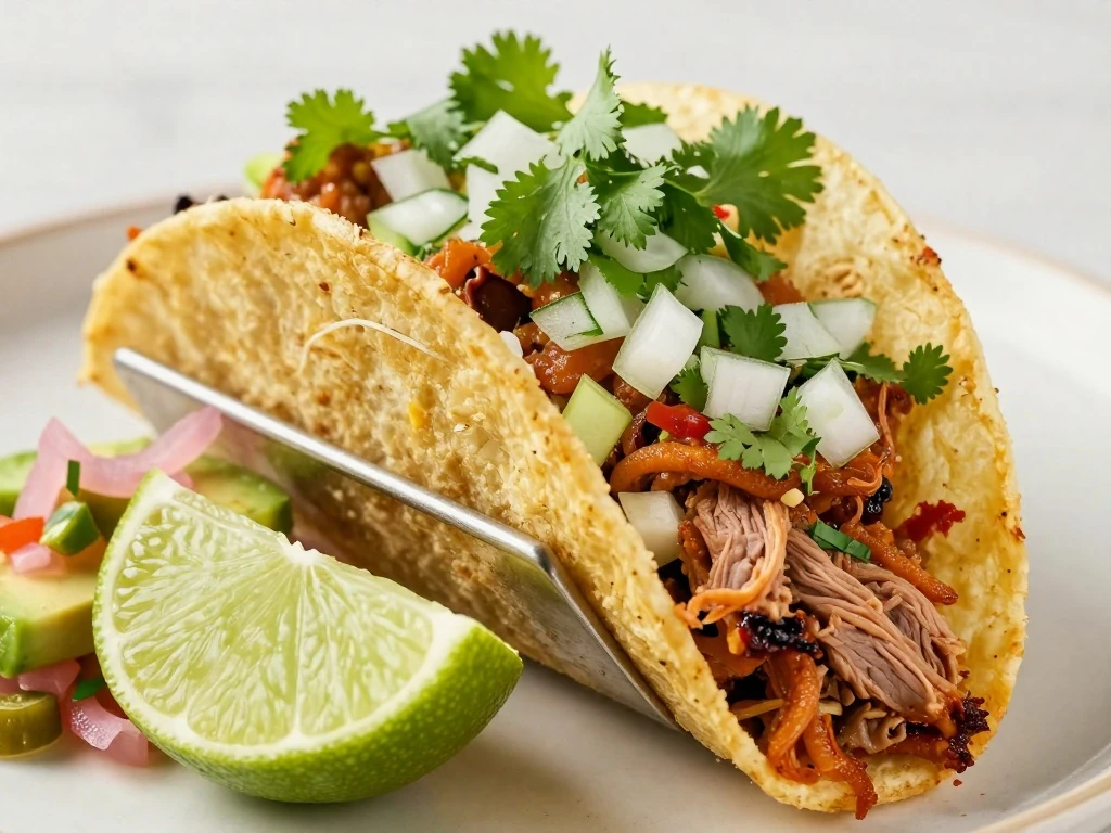 Carnitas taco topped with cilantro, onion, lime, avocado, salsa, and pickled onions