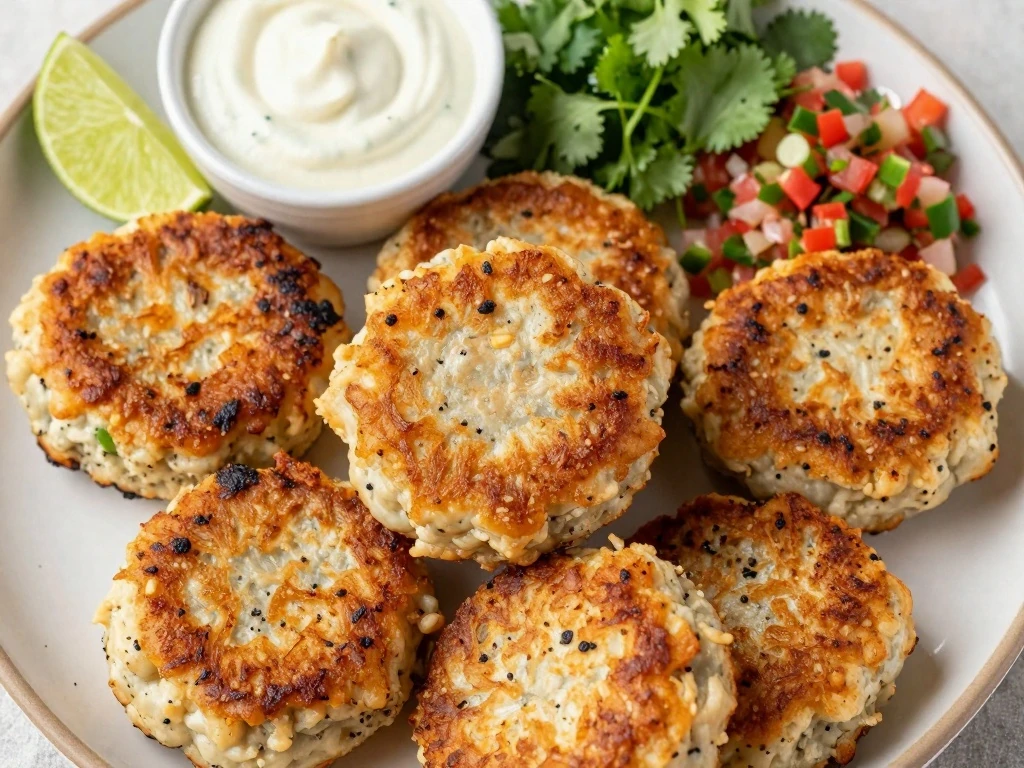 Golden Cristobal's Baja Style Tuna Cakes served with lime, cilantro, salsa, and creamy sauce