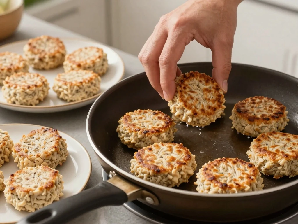 Tuna cake patties cooking in a skillet over medium heat