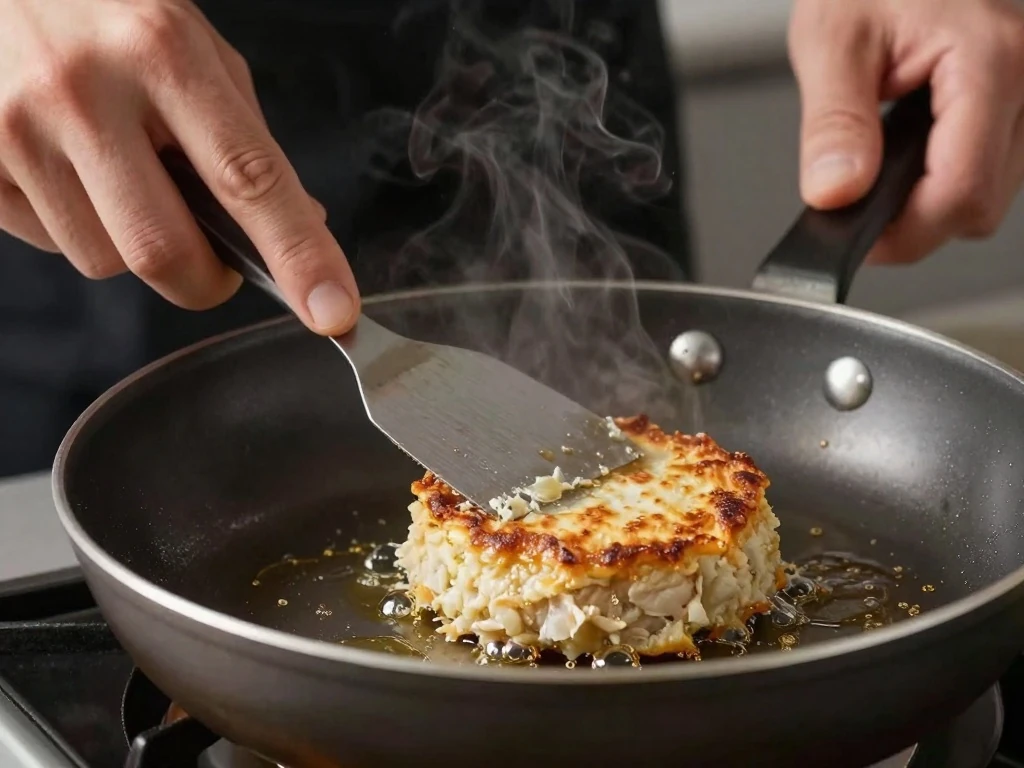 A tuna cake being carefully turned to create a golden crust