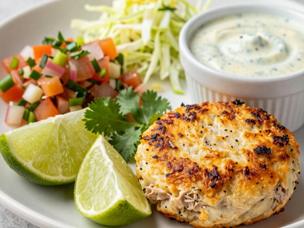 Baja tuna cake with lime wedges, cilantro, salsa, cabbage, and creamy sauce