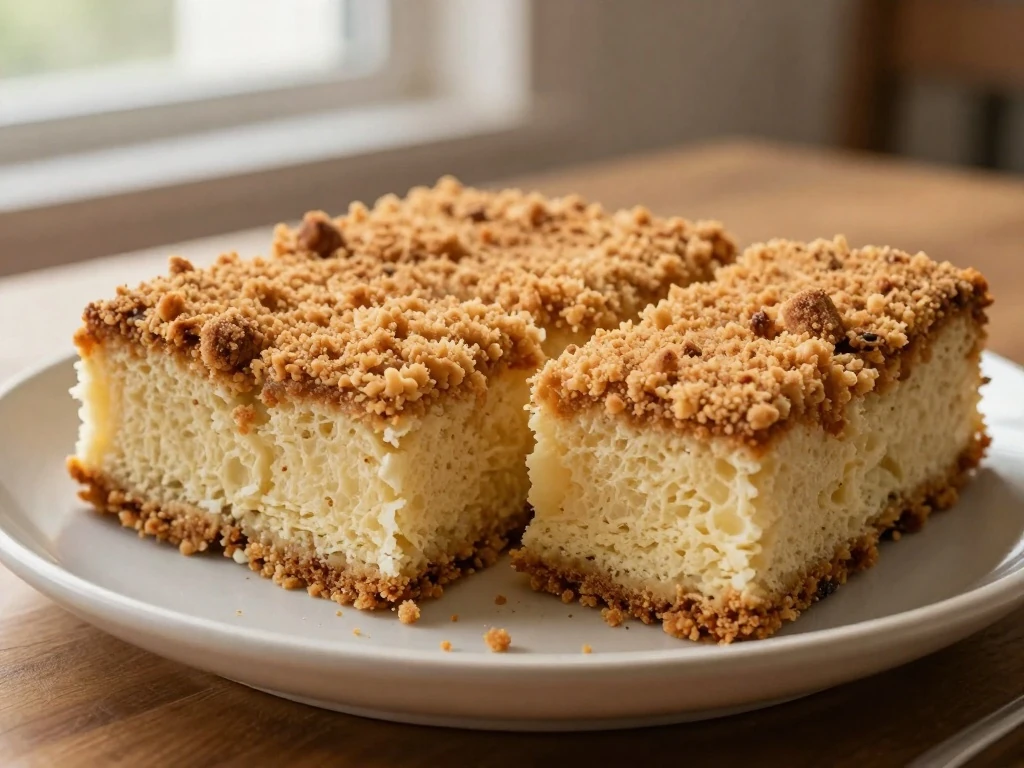 Slices of homemade easy crumb cake with chunky cinnamon crumbs