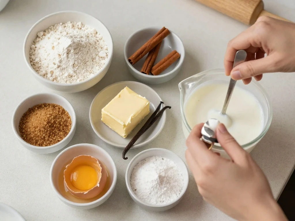 Measured ingredients for an easy crumb cake recipe