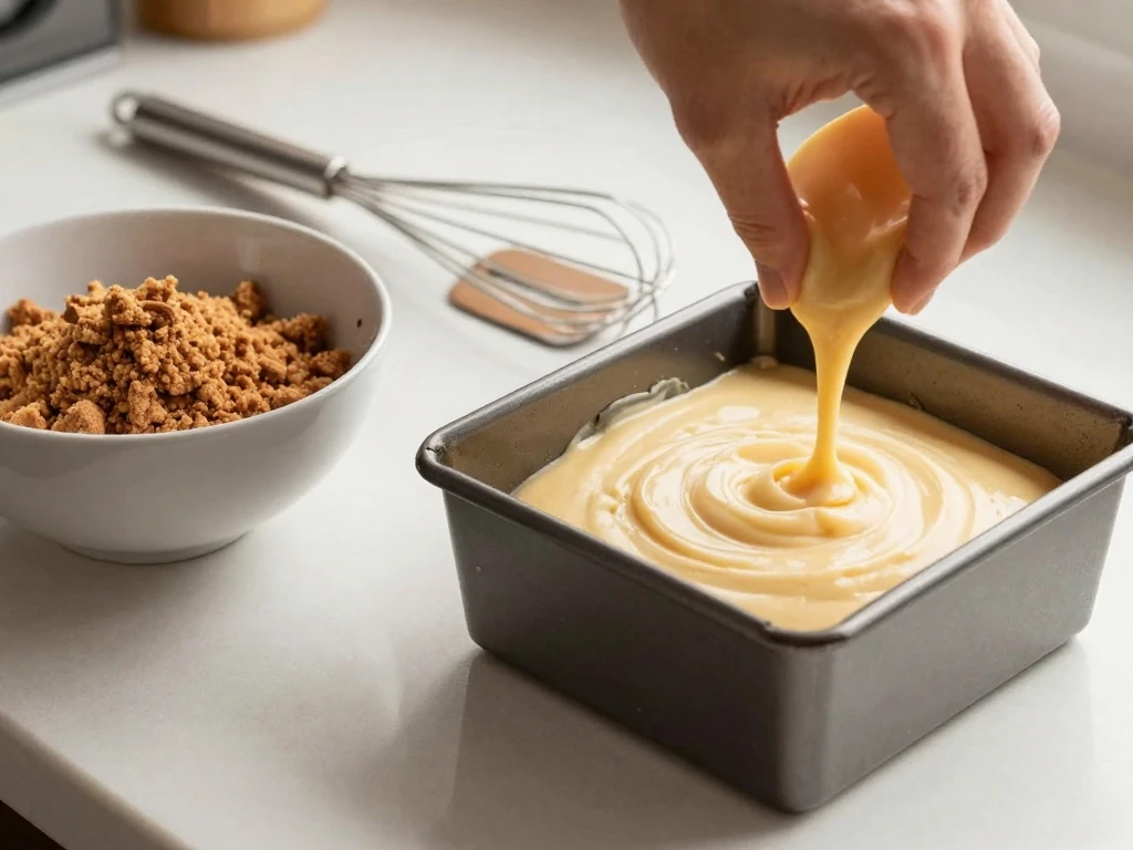 Preparing chunky cinnamon crumbs and cake batter