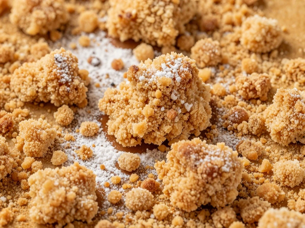 Close-up of chunky cinnamon crumb topping on cake