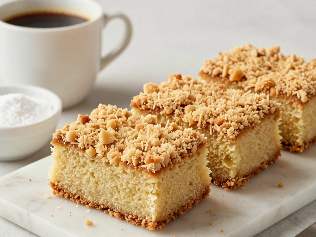 Crumb cake squares served with coffee