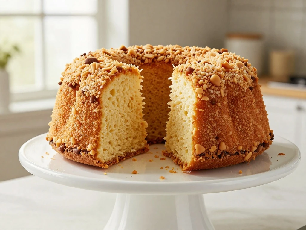 Golden crunchy top pound cake on a cake stand